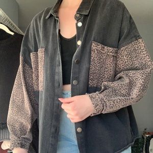 Denim shacket with trendy leopard print sleeves